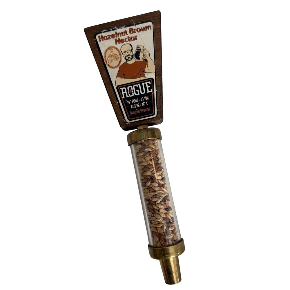 Rogue Ales Hazelnut Brown Nectar Beer‎ Tap Handle Wood Brass Grain Filled Rare